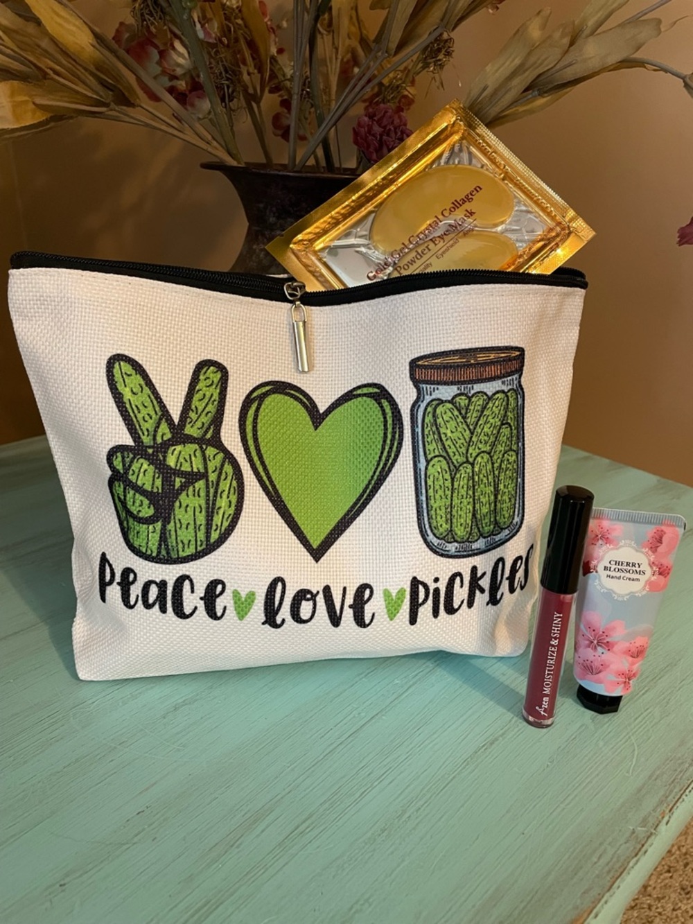 Peace Love Pickles Canvas Cosmetic Pouch With Skincare And Cosmetic Items (NWOT)